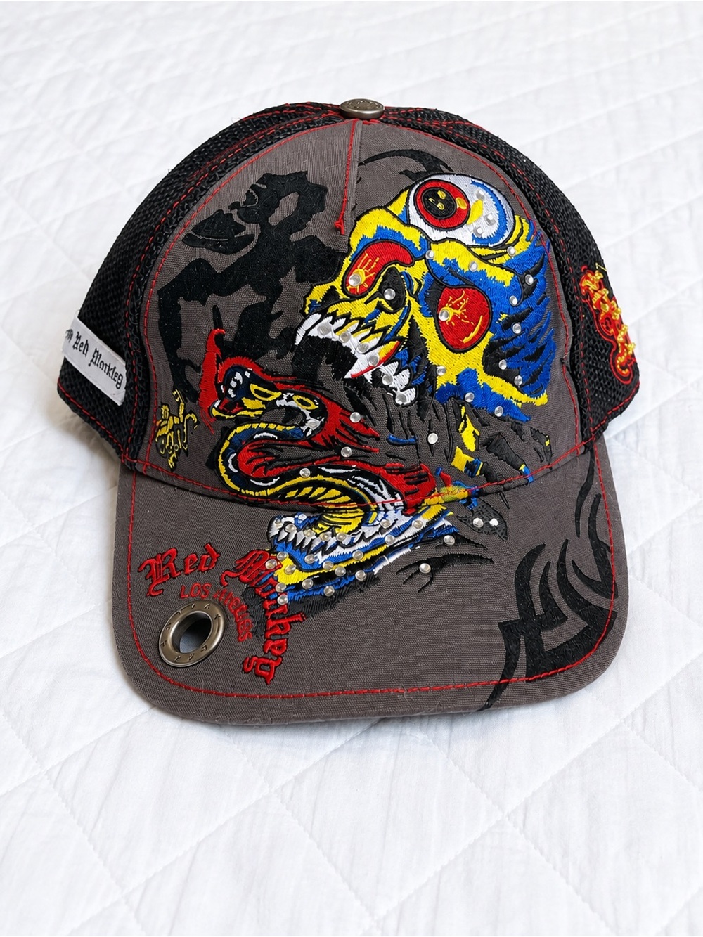 Red Monkey Los Angeles Dragon Rhinestone Snapback Hat Y2K Streetwear OSFM